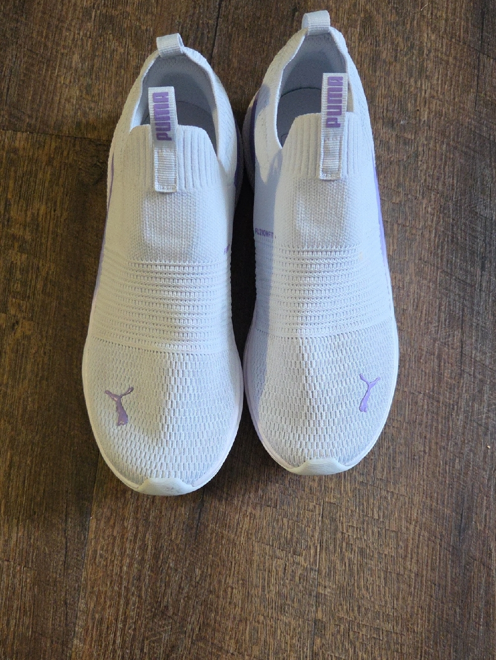 Puma White Slip-On Knit Sneakers with Lavender Accents